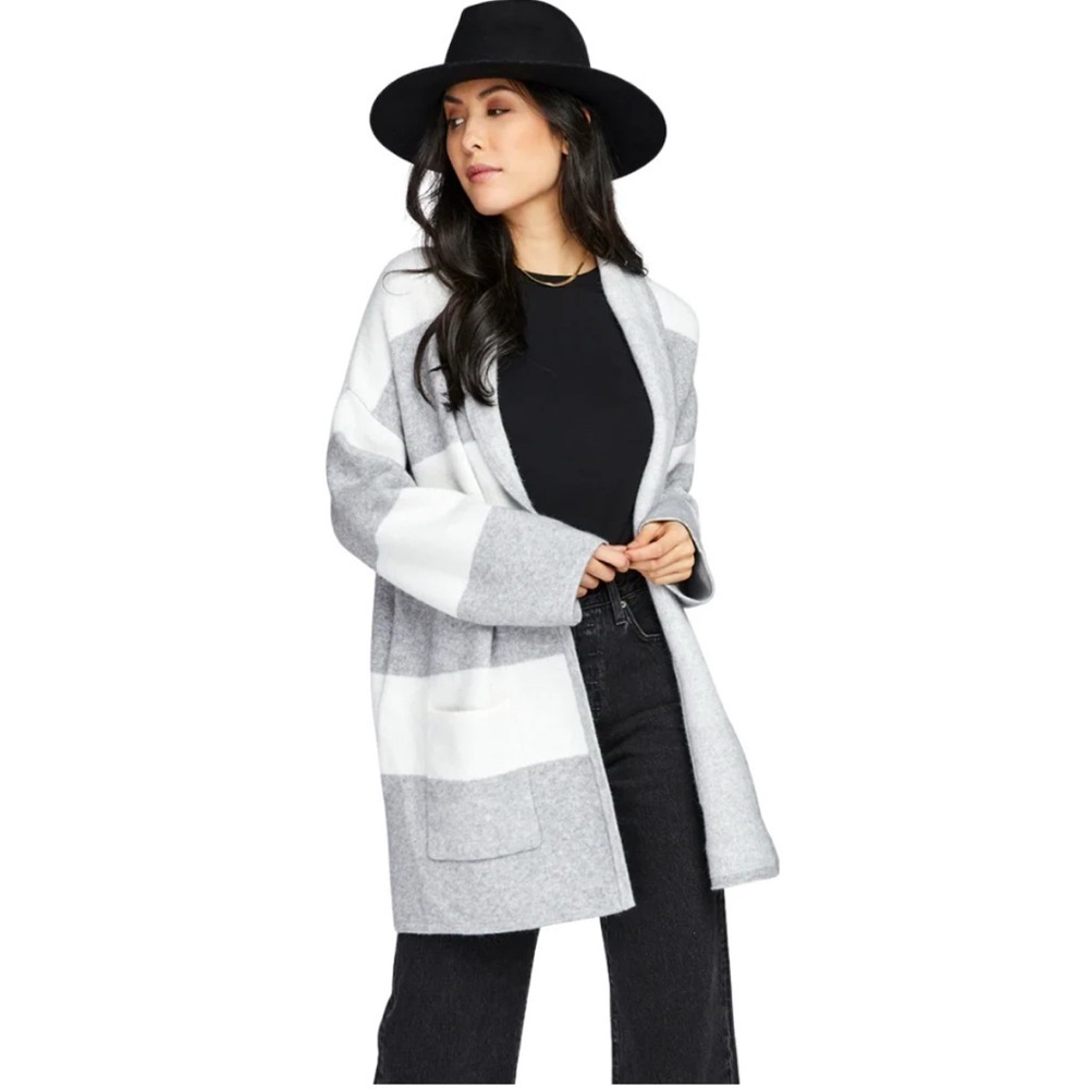 Gentle Fawn Mallory open front cardigan in grey & white block stripe bouclé yarn